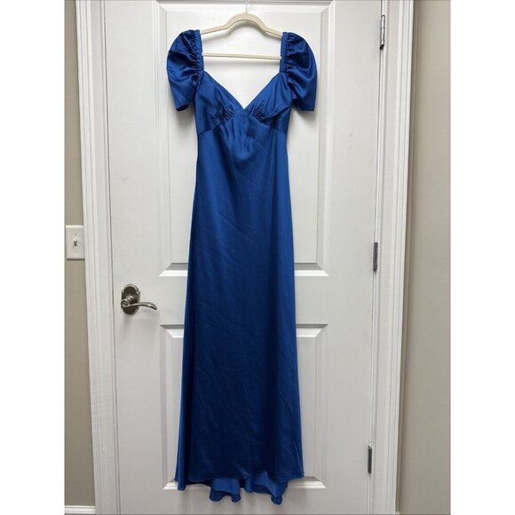 MAC DUGGAL Size 6 Blue Satin Empire Waist Puff Sleeve Formal Gown Dress New $498 - Picture 4 of 10